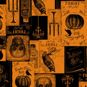 Makower Mystery Manor Halloween FQ & 1/2m spider bat skull pumpkin cat script