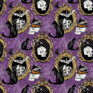 Makower Mystery Manor Halloween FQ & 1/2m spider bat skull pumpkin cat script
