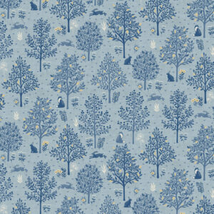 Makower Hedgerow Fabric Trees Hare Blue grey linen texture rust goldfinch FQ 1/2m