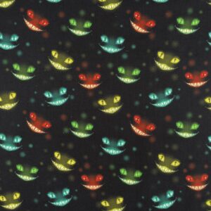 Craft Cotton Spooky Halloween Fabric Spiders Monsters Horror Clown Zombie Tarrot - metre, cheshire cat