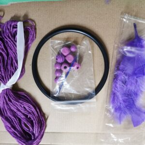 DIY Dreamcatch Kit various colours 5 inch hoop, cord, beads, feathers, instructions. choose blue or black hoop easy craft gift idea - blk hoop purple bead