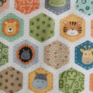 Makower Jungle Friends Fabric FQ 1/2 yrd Blue Peach Neutral Teal Nursery baby newborn Stripe Hexagon animals tiger giraffe zebra 100% cotton