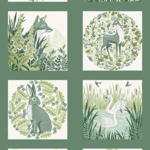Makower Foxwood Fabric Panel Fat Quarter 1/2 yard woodland forest animal floral Green & blue Foxes stags rabbit birds Countryside 100%cotton