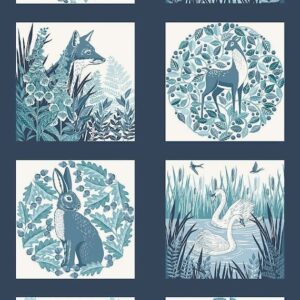 Makower Foxwood Fabric Panel Fat Quarter 1/2 yard woodland forest animal floral Green & blue Foxes stags rabbit birds Countryside 100%cotton