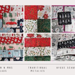 Christmas Fabric Charm Packs and Jelly Rolls 32/40 x 5 inch squares, 20 x 44 inch strips various designs colours 100% cotton metallic retro