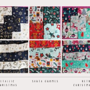 Christmas Fabric Charm Packs and Jelly Rolls 32/40 x 5 inch squares, 20 x 44 inch strips various designs colours 100% cotton metallic retro