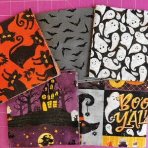 Halloween Fabric Charm Packs Various designs from Makower and 3 Wishes Ghosts Spiders Cats Pumpkin 36-72 squares 5 inch DIY cot lap blankets - BOO'all 40 squares