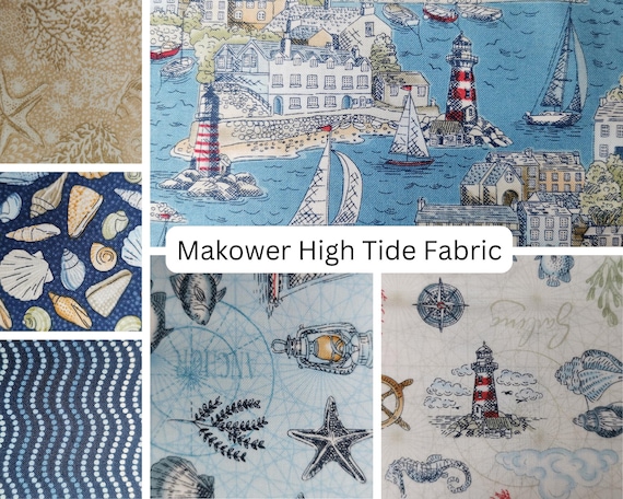 Makower High Tide Fabric Seaside Coastal Town Harbour Beach waves available as Fat quarter 1/2yrd FQ pack 6 pieces 100% cotton UK stock