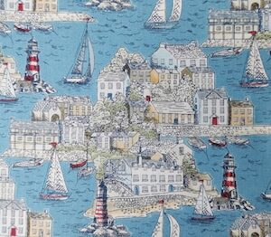 Makower High Tide Fabric Seaside Coastal Town Harbour Beach waves available as Fat quarter 1/2yrd FQ pack 6 pieces 100% cotton UK stock