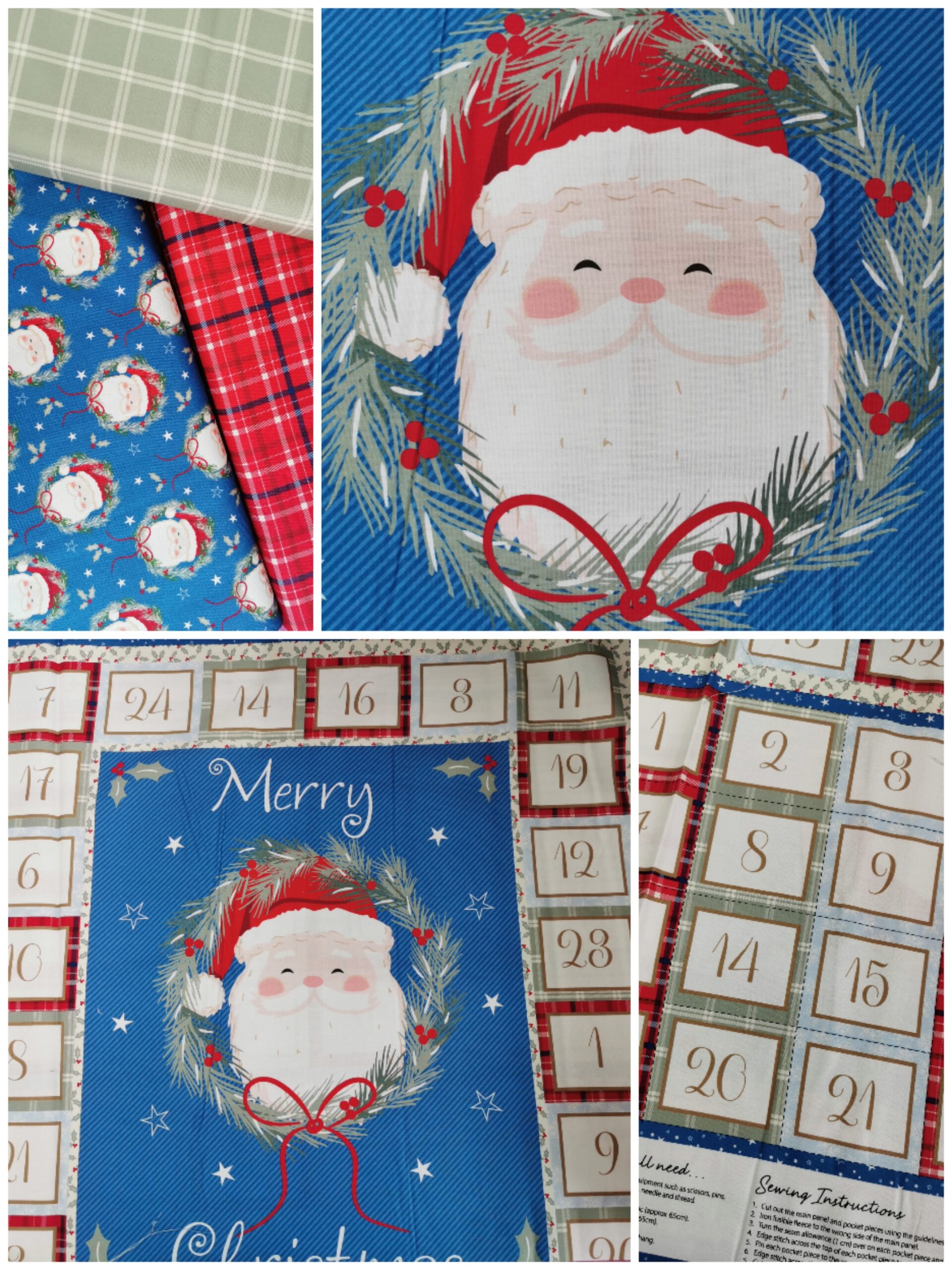 Christmas Holly Jolly Fabric from Craft Cotton FQ, 1/2 yard, Advent panel Santa Wreath Tartan 100% cotton free P+P
